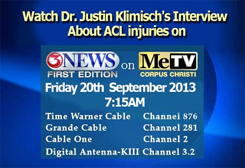 Dr. Justin Klimisch will be interviewed on Channel 3 (KIII) News Frist Edition on ME TV , Friday September 20, 2013 at 7:15am